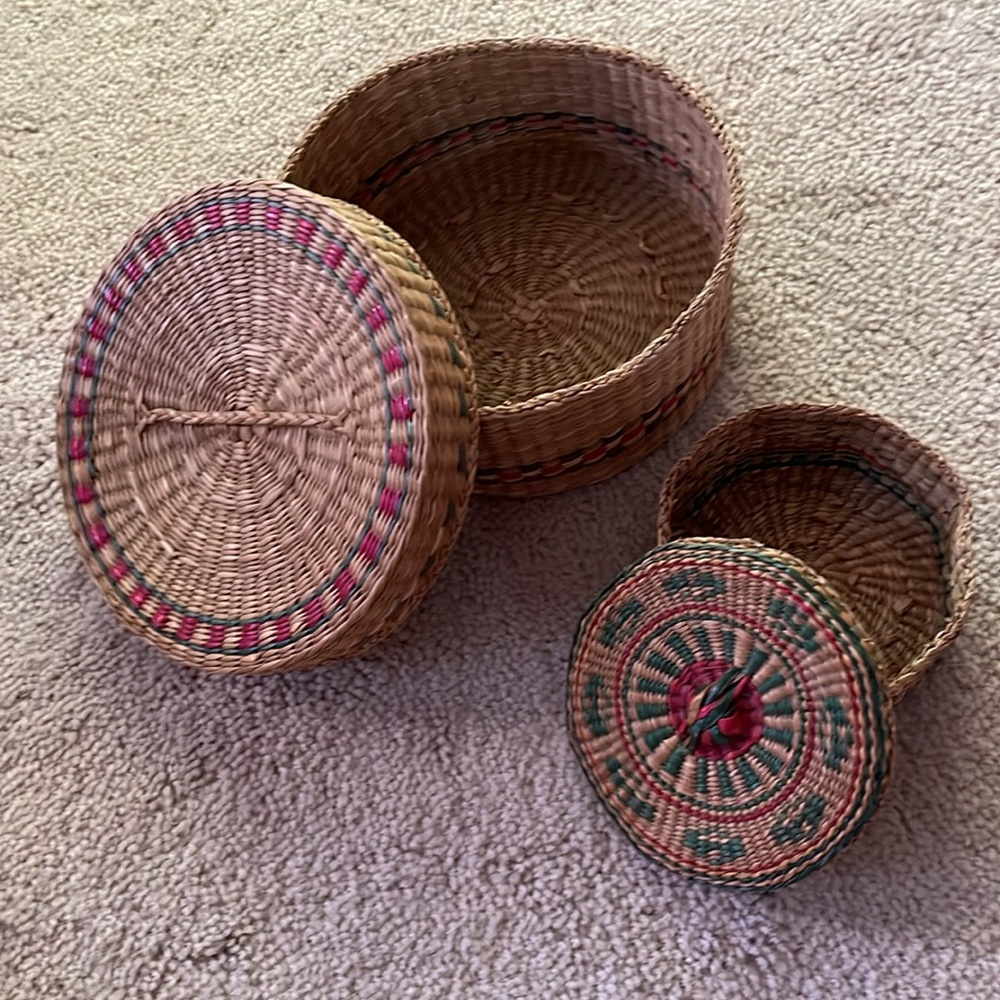 Intricate, colorful hand woven basket duo